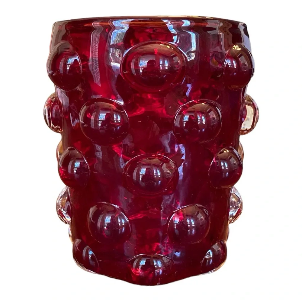 MCM Vintage Bischoff Ruby Red Bubble Glass Vase Hobnail 4.5